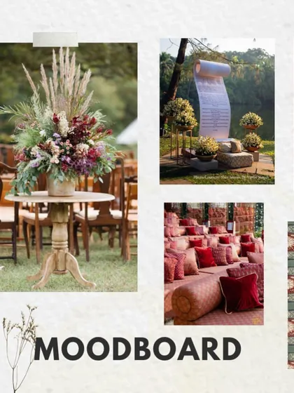 More details for the 'Regal Rustic Reverie' theme, including inspiration for the floral arrangements, the custom love-story scroll, and the elegant seating.