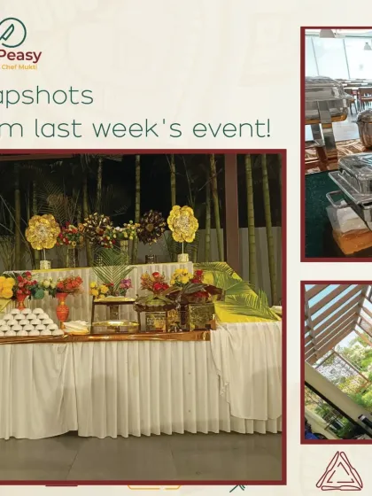 Snapshots from a recent event, including a beautifully arranged dessert table and a buffet line in a venue with large windows.