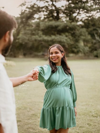 "Follow me to our future." This classic pose, where she leads him by the hand, is filled with happiness and anticipation for the new chapter ahead.
