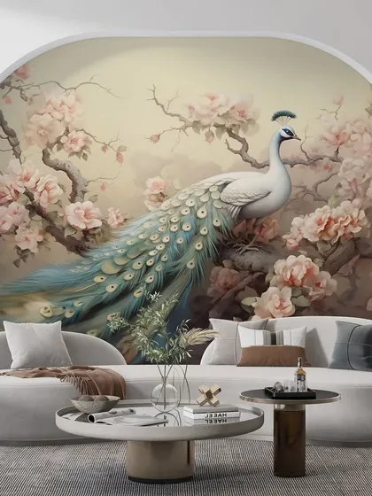 An ethereal wallpaper design of a white peacock among cherry blossoms, framed perfectly by a wall arch. The look is soft, romantic, and incredibly elegant.