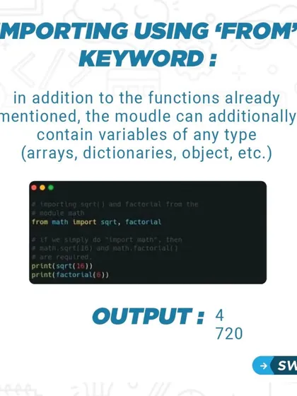 An example of importing specific functions like 'sqrt' and 'factorial' from Python's math module using the 'from' keyword.