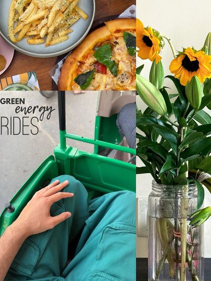 Green energy rides. A collage of green things, from an auto-rickshaw to a vase of sunflowers and lilies.