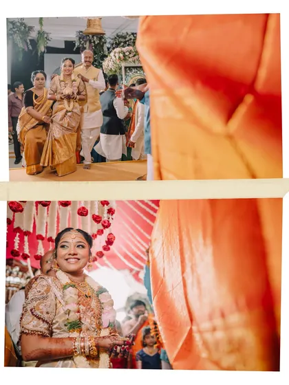 A collage showing the bride's grand entrance with her parents, a moment filled with emotion and family pride.