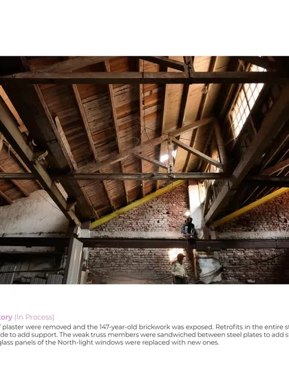 The original Burma teak woodwork and roof trusses, lost to time, were slowly uncovered and reinforced. Here, weak truss members are sandwiched between new steel plates to add strength while preserving the original structure.