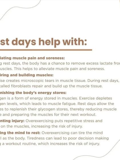 This graphic details the specific benefits of rest, including alleviating muscle soreness by removing lactate, repairing muscle tissue, and replenishing the body's energy stores. Resting your mind is just as important as resting your body.