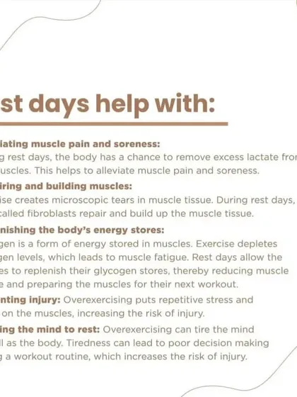 This graphic details the specific benefits of rest, including alleviating muscle soreness by removing lactate, repairing muscle tissue, and replenishing the body's energy stores. Resting your mind is just as important as resting your body.