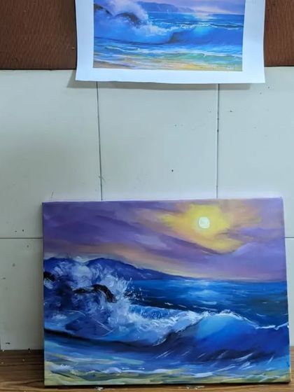 A powerful seascape in progress. This acrylic on canvas painting by Harinder ma'am captures the dramatic movement of ocean waves under a sunset sky.