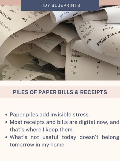 Piles of paper bills and receipts add invisible stress. Since most receipts are digital now, I don't keep physical copies unless absolutely necessary. What's not useful today doesn't belong in my home tomorrow.