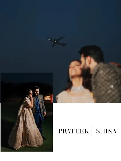 A creative collage from an engagement shoot, featuring a perfectly timed shot with an airplane flying overhead, symbolizing their journey ahead.