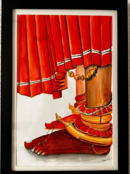 A commissioned watercolor piece focusing on the feet of a Theyyam performer. Theyyam is a powerful ritual dance form from Kerala, and I wanted to capture the vibrant colors and divine energy embodied in the dancer's ornate costume and adornments.