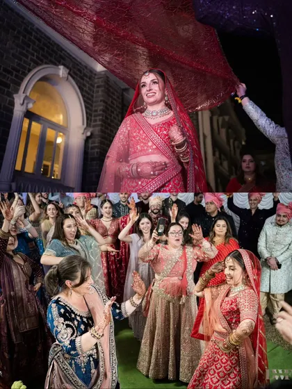 A collage showing the bride's grand entrance and the joyful dance of her family and friends from abroad, all embracing the Indian wedding traditions.