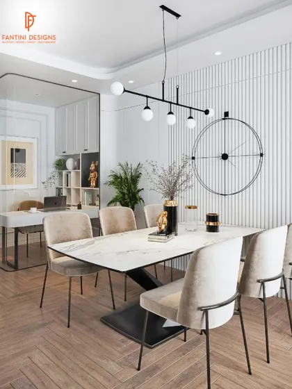 This dining area is combined with a home office nook. The fluted wall panel, minimalist clock, and modern chandelier create a stylish and functional zone.
