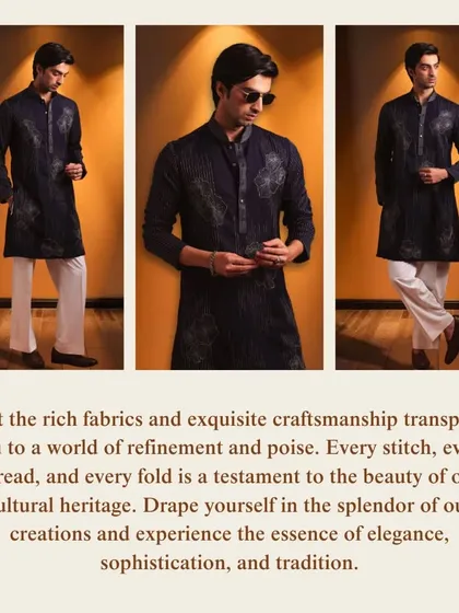 A collage of our navy blue embroidered kurta. Every stitch, thread, and fold is a testament to the beauty of our cultural heritage and refined craftsmanship.