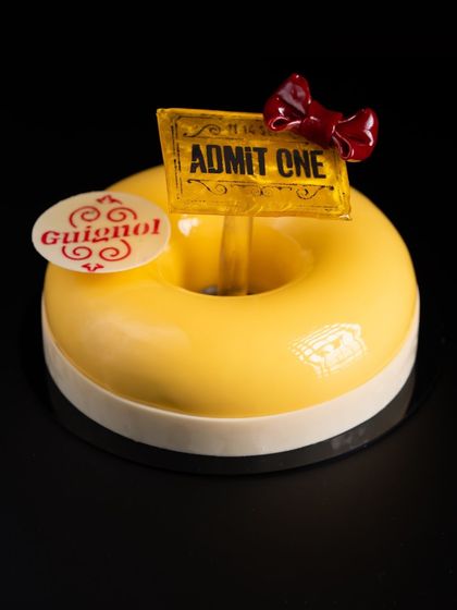 A close-up of the entremet from our student's award-winning Guignol-themed sugar and chocolate sculpture, which won a bronze medal at WorldSkills Lyon.