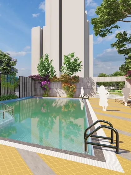 A conceptual view of a swimming pool area designed for a high-rise residential project. We focus on creating a complete lifestyle experience, integrating the pool with comfortable lounge areas, safe access points, and lush, privacy-enhancing greenery.