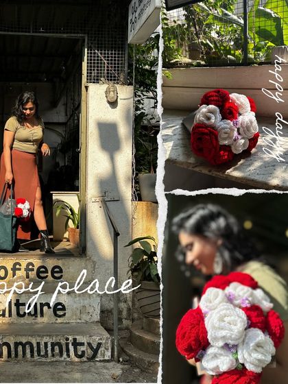 A collage from a happy day spent at a coffee shop with my friend and my crochet bouquet. These photos capture the joy that handmade items can bring to everyday moments.