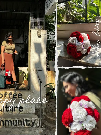 A collage from a happy day spent at a coffee shop with my friend and my crochet bouquet. These photos capture the joy that handmade items can bring to everyday moments.