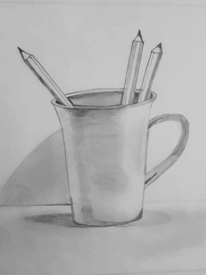 A simple mug of pencils becomes a great study in light and shadow. This was a practice piece by a student.