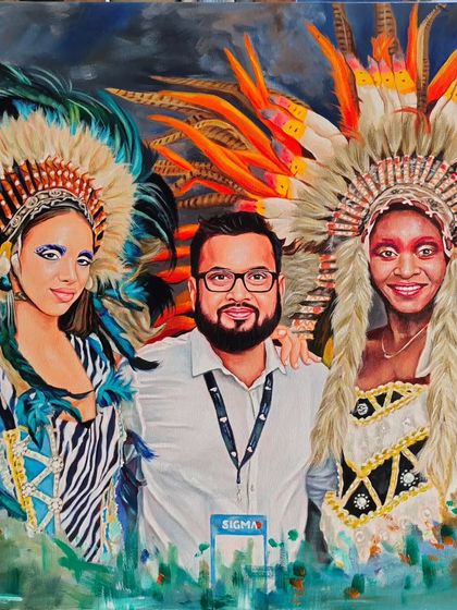 This was a complex and exciting 24" x 24" commission. The client wanted a group portrait from a photo taken at an event, and I loved recreating the intricate details of the feathered headwear and vibrant costumes.