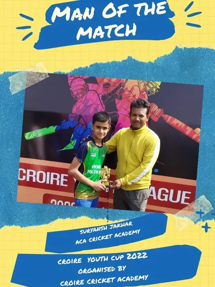 A graphic celebrating Suryansh Jakhar from ACA Cricket Academy as the Man of the Match.