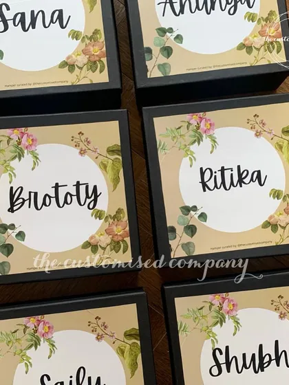 Personalized gift boxes with a lovely floral design, each customized with a guest's name. Perfect for packaging small favors or gifts.