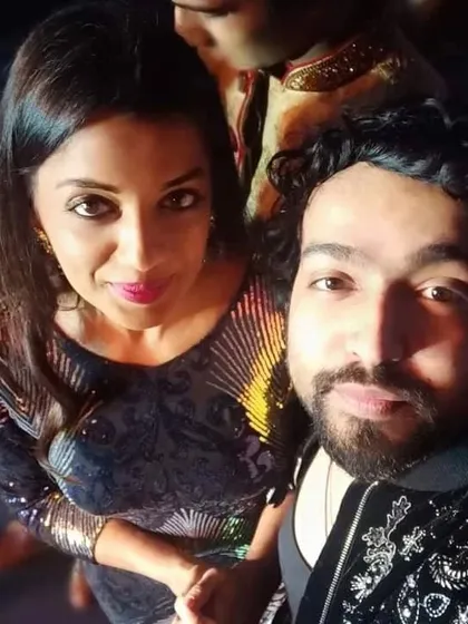 A selfie with actress Mugdha Godse at an event. She is wearing one of my custom sequin gown designs.