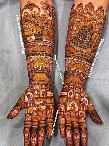 A unique design featuring a grid of small, symbolic motifs on the palms, with larger figures on the arms.