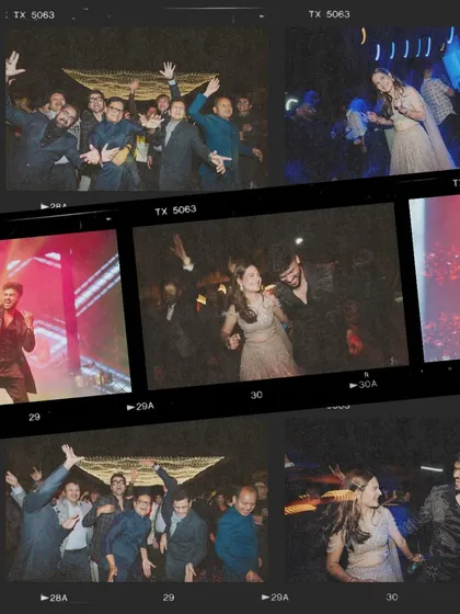 A creative collage with a film-strip effect, capturing the fun and energy of the Sangeet party and dance floor.