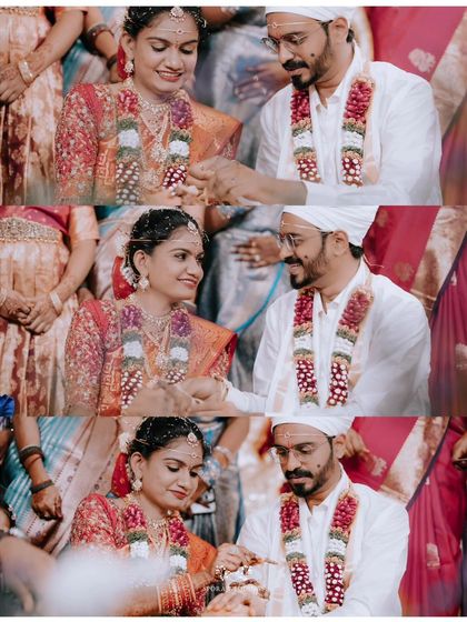 A collage of the couple's interactions during their wedding ceremony, filled with smiles and loving glances.