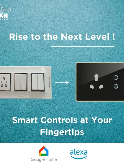 Rise to the next level of home control. This graphic shows the simple yet powerful upgrade from a traditional switchboard to our sleek, smart touch panel, compatible with both Google Home and Alexa.