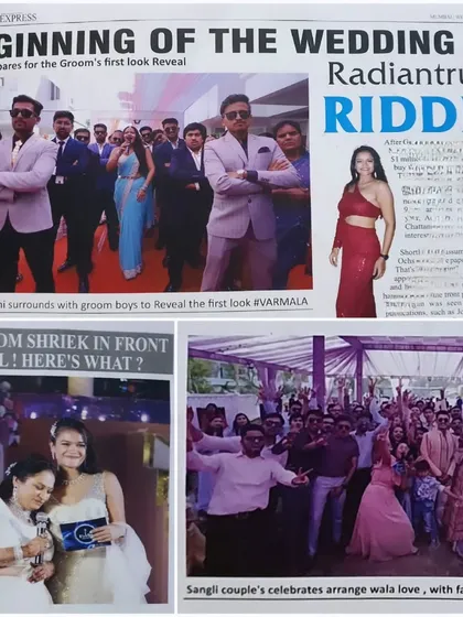 A collage from the 'Shaadi Express' newspaper, showing various moments from the wedding.