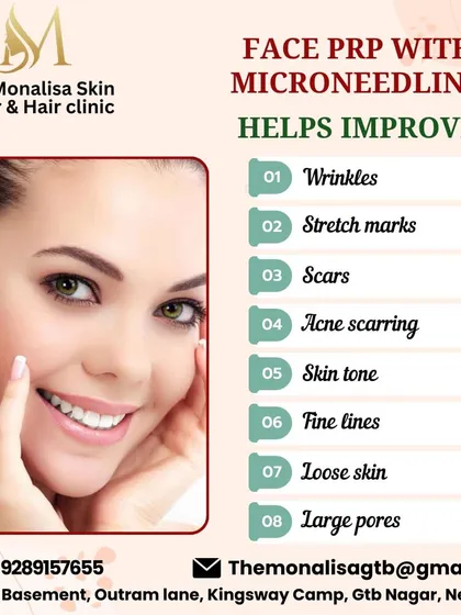 Face PRP with Microneedling is a powerful combination that addresses multiple skin concerns. This infographic lists its benefits, including improving wrinkles, stretch marks, acne scarring, skin tone, and large pores.