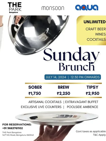 Another one of our popular Sunday Brunches, featuring unlimited craft beer, wines, and cocktails. This poster highlights the extravagant buffet and exclusive live counters in a poolside ambiance.
