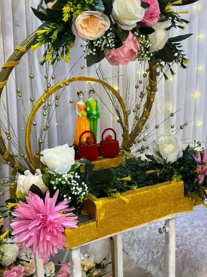 It's the small details that matter. We provide beautifully decorated ring platters that match your event's theme, like this one for an engagement ceremony, ensuring every part of your function is picture perfect.