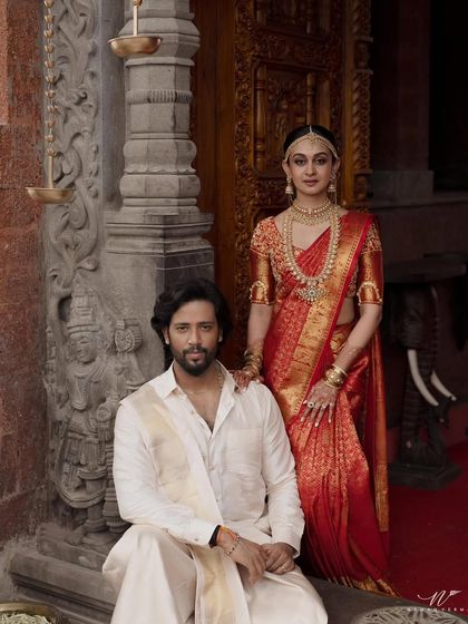 A regal portrait of the bride and groom. Our makeup for the bride featured traditional elements with our signature skin-like finish, while the groom's makeup was subtle and designed to look completely natural.