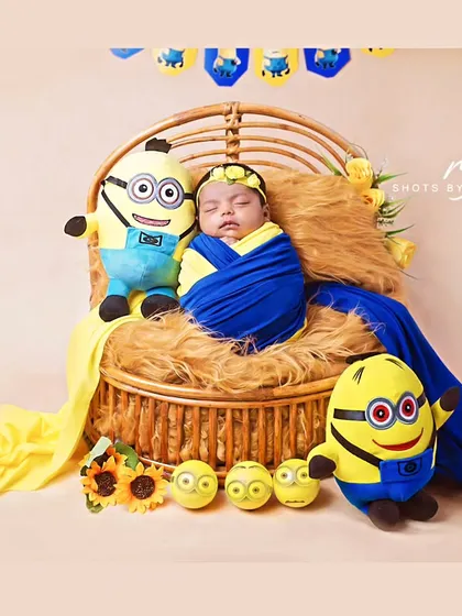 A full setup of our Minions themed newborn shoot. We love creating these fun and unique scenes to make your baby's first photos extra special.