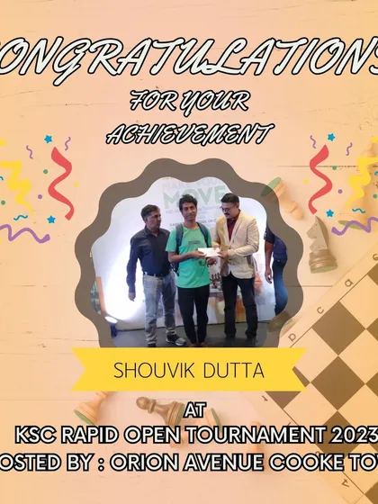 Another one of our talented coaches, Shouvik Dutta, being recognized for his achievement at the KSC Rapid Open Tournament.