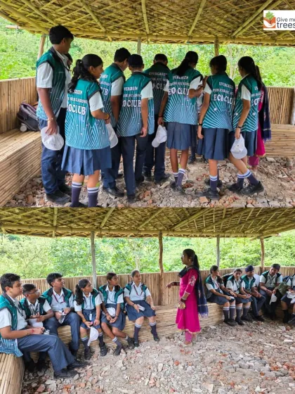 An interactive session inside our bamboo hut. This provides a cool, shaded space for students to rest, ask questions, and learn more about composting and other site activities.