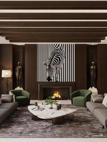 This living room is designed for a connoisseur of art and design. A dramatic zebra painting hangs above a modern fireplace, flanked by sculptural elements and rich, dark wood paneling for a moody and luxurious feel.