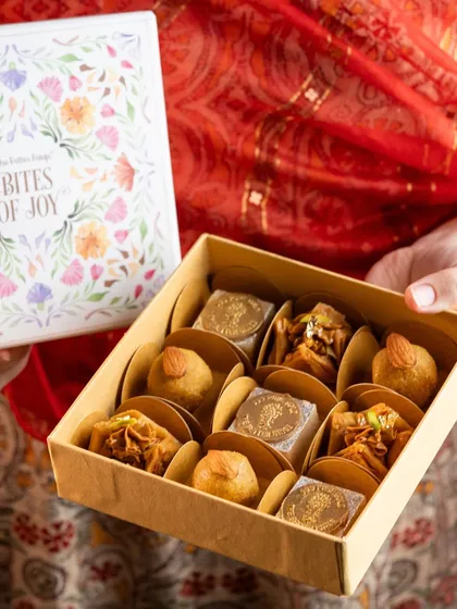 Our 'Bites of Joy' box is perfect for Diwali. It's filled with an assortment of our healthy, refined sugar-free mithai.