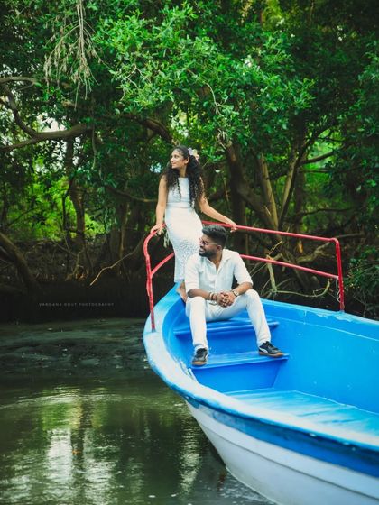 Exploring the serene beauty of Pondicherry's mangrove forests by boat. This unique destination shoot offers a tranquil and picturesque setting for your pre-wedding photos.