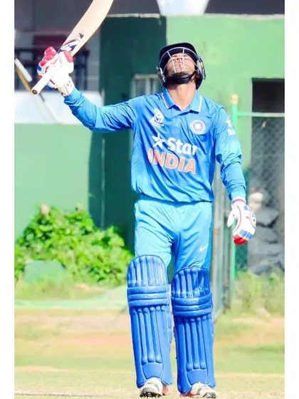 Himanshu Rana celebrating a century in the India jersey, a proud moment for our academy. He scored 294 runs at an average of 43 in the Vijay Hazare Trophy.