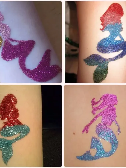 Mermaid themes are always a magical choice. This collage shows different mermaid silhouette designs, created with beautiful multi-color glitter blends to mimic sparkling ocean tails.