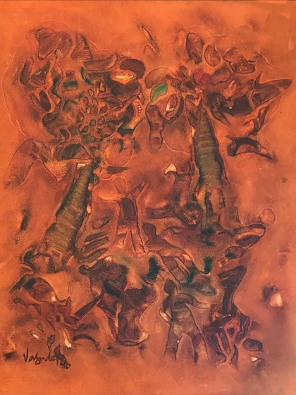 This 1996 oil on canvas is by S. G. Vasudev, a founding member of the Cholamandal Artists' Village. It is part of his famous 'Vriksha' (Tree of Life) series, which symbolically represents themes of sexuality, fertility, and our connection to the past.