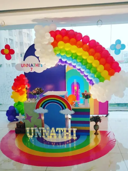 We created a burst of color with this vibrant rainbow-themed birthday party. The decor features a massive balloon rainbow arch, cloud details, and a rainbow-striped floor mat, making it a cheerful and unforgettable celebration.