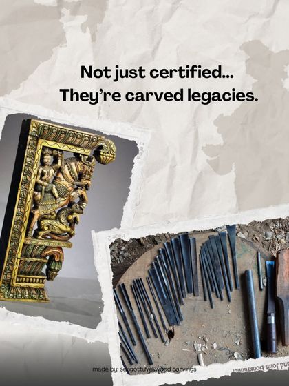 Our sculptures are not just certified; they are carved legacies. This image juxtaposes our traditional hand tools with a finished, hand-painted Yaali bracket, connecting the process with the final product.