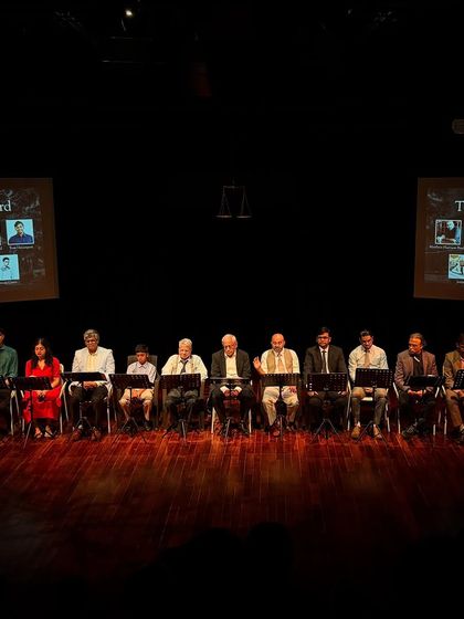 The full cast of our rehearsed reading of "Inherit the Wind" on stage. This format allows us to explore powerful scripts with a focus on the text and acting.