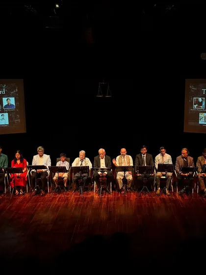 The full cast of our rehearsed reading of "Inherit the Wind" on stage. This format allows us to explore powerful scripts with a focus on the text and acting.