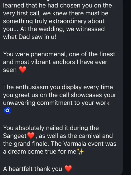 Your trust is my biggest reward. Reading messages like this after an event fuels my passion and reassures me that my commitment to creating phenomenal, high-energy celebrations makes a real difference.
