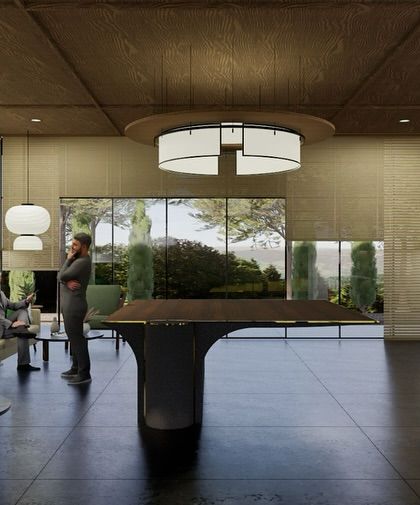 This view of the 'Inhabiting The Forest' lounge shows the careful balance of proportion and light. The space is designed to feel open yet intimate, with distinct zones for conversation and relaxation. It serves as a warm, welcoming hub within the farmhouse community.